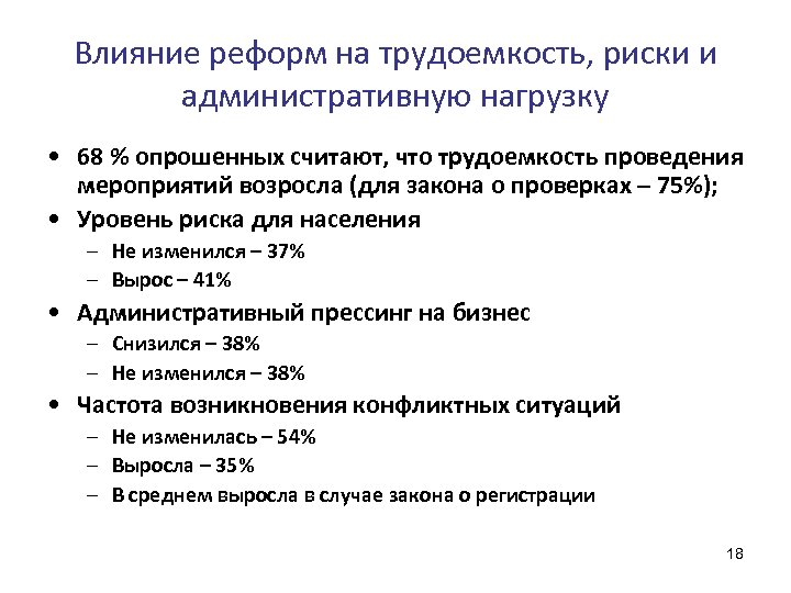 Влияние реформ на трудоемкость, риски и административную нагрузку • 68 % опрошенных считают, что