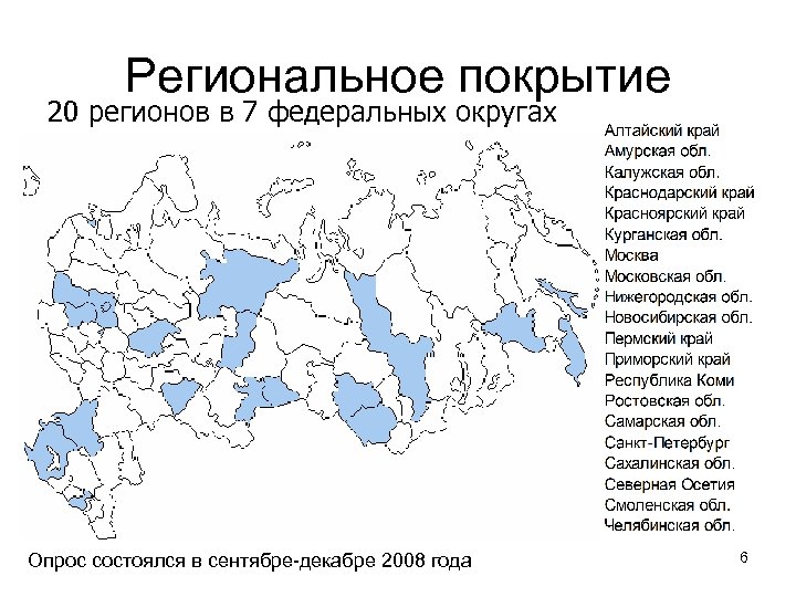 Региональное покрытие 20 регионов в 7 федеральных округах Опрос состоялся в сентябре-декабре 2008 года