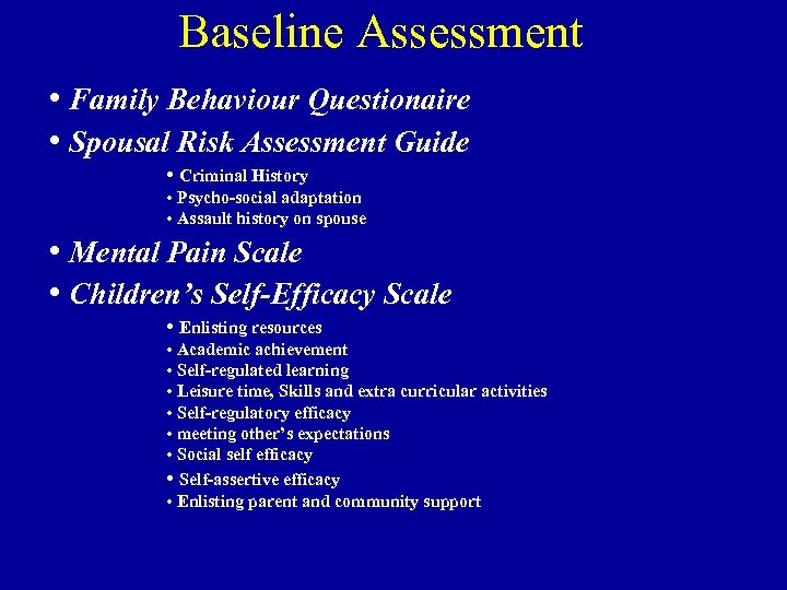 Baseline Assessment • Family Behaviour Questionaire • Spousal Risk Assessment Guide • Criminal History