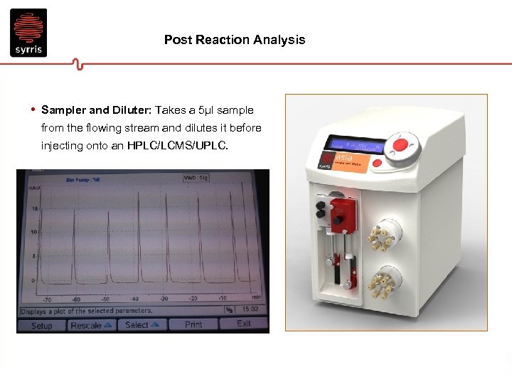Post Reaction Analysis • Sampler and Diluter: Takes a 5μl sample from the flowing
