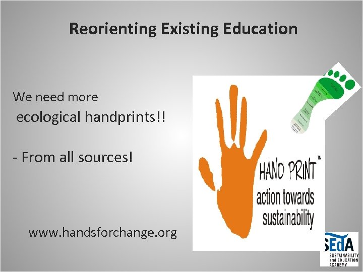 Reorienting Existing Education We need more ecological handprints!! - From all sources! www. handsforchange.