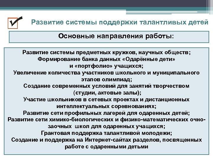 Развитие системы поддержки талантливых детей Основные направления работы: Развитие системы предметных кружков, научных обществ;