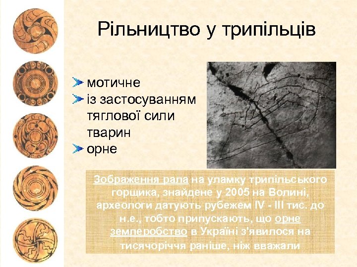 Рільництво у трипільців мотичне із застосуванням тяглової сили тварин орне Зображення рала на уламку