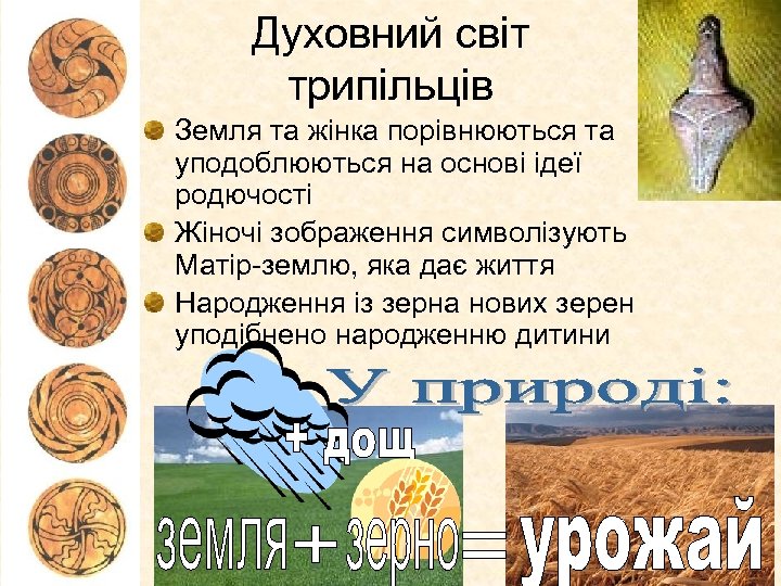 Духовний світ трипільців Земля та жінка порівнюються та уподоблюються на основі ідеї родючості Жіночі