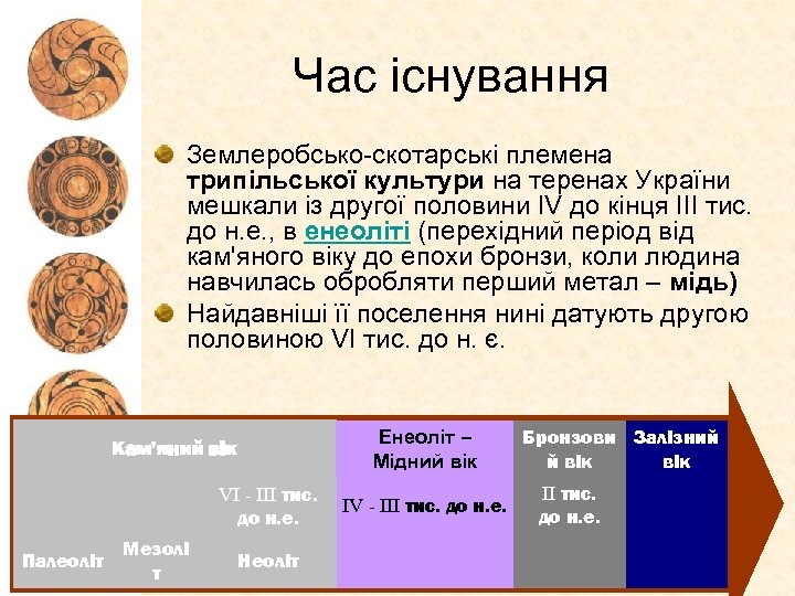 Час існування Землеробсько-скотарські племена трипільської культури на теренах України мешкали із другої половини ІV