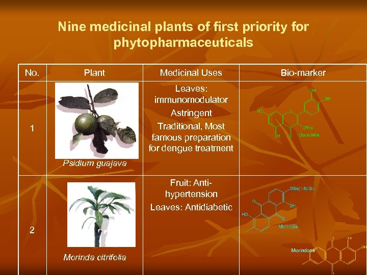 Nine medicinal plants of first priority for phytopharmaceuticals No. Plant Medicinal Uses Bio-marker Leaves: