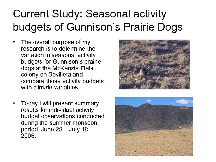 Current Study: Seasonal activity budgets of Gunnison’s Prairie Dogs • The overall purpose of