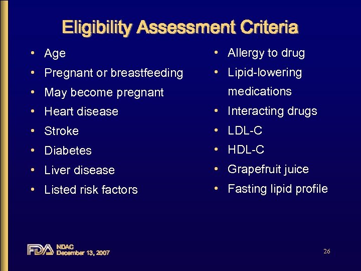 Eligibility Assessment Criteria • Age • Allergy to drug • Pregnant or breastfeeding •