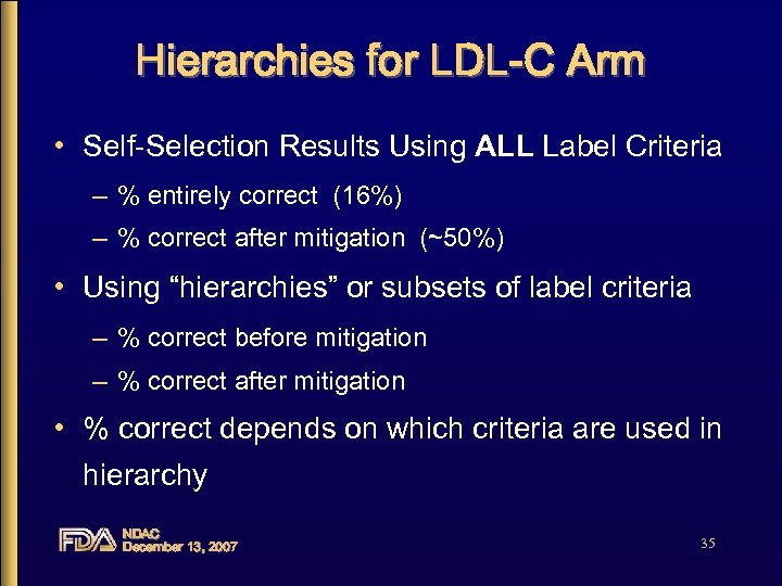 Hierarchies for LDL-C Arm • Self-Selection Results Using ALL Label Criteria – % entirely