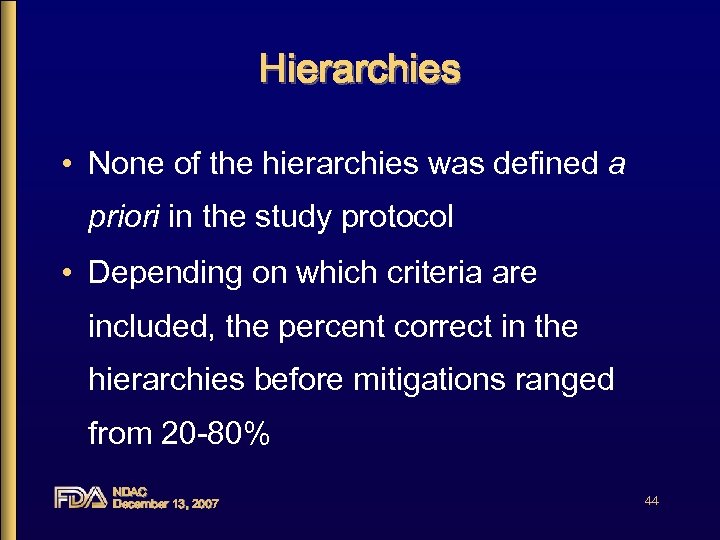 Hierarchies • None of the hierarchies was defined a priori in the study protocol