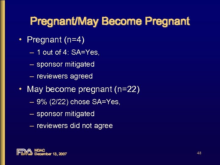 Pregnant/May Become Pregnant • Pregnant (n=4) – 1 out of 4: SA=Yes, – sponsor