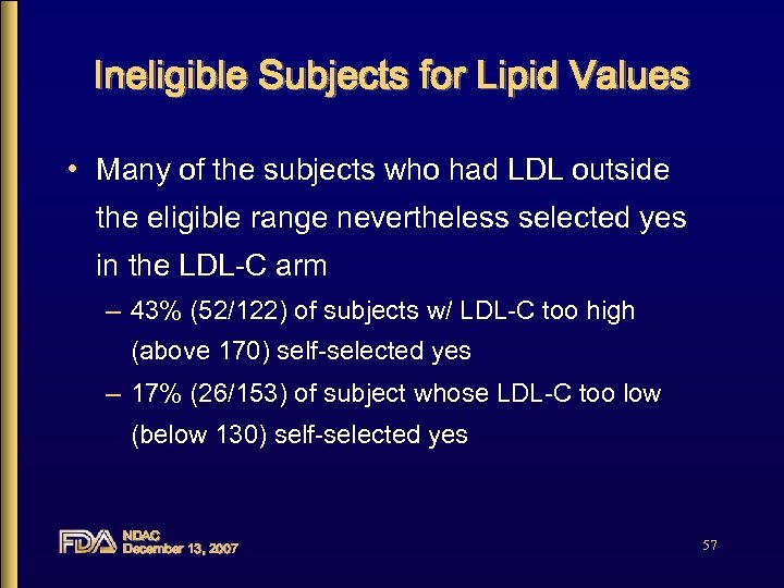 Ineligible Subjects for Lipid Values • Many of the subjects who had LDL outside
