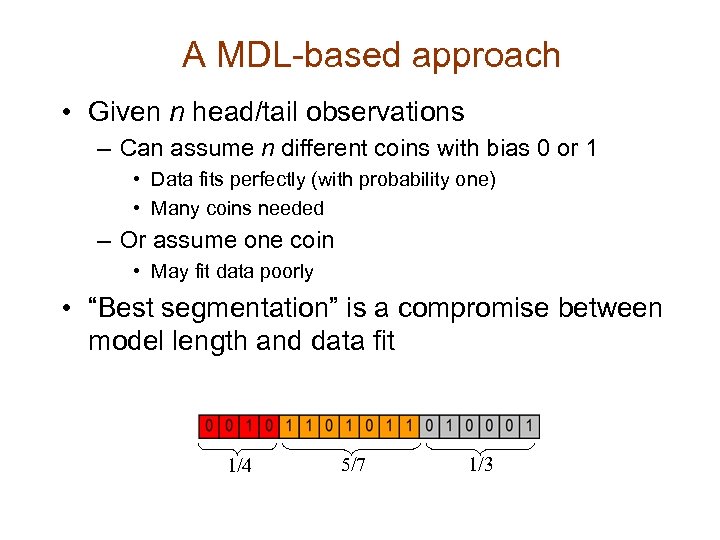 A MDL-based approach • Given n head/tail observations – Can assume n different coins