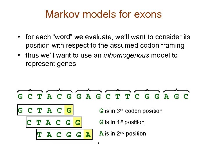 Markov models for exons • for each “word” we evaluate, we’ll want to consider