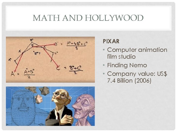 MATH AND HOLLYWOOD PIXAR • Computer animation film studio • Finding Nemo • Company