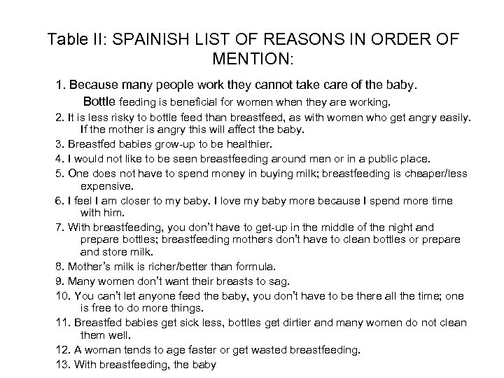 Table II: SPAINISH LIST OF REASONS IN ORDER OF MENTION: 1. Because many people