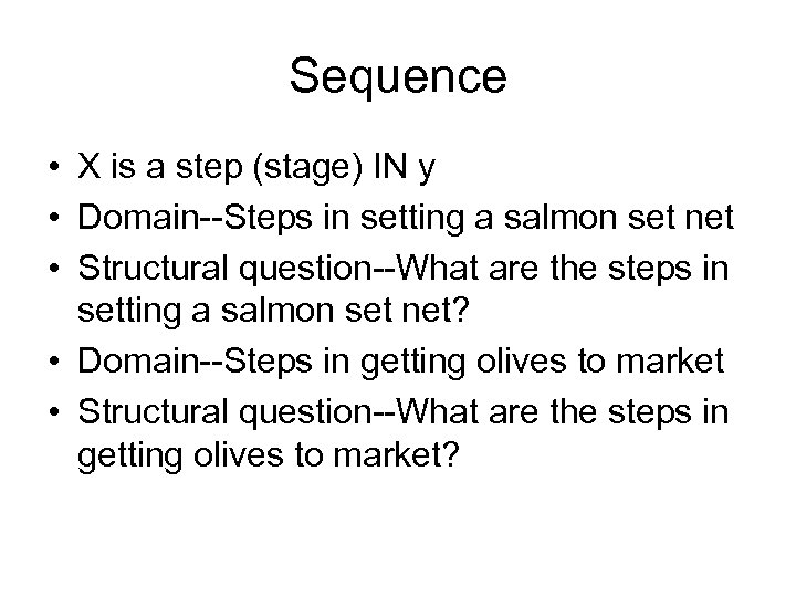 Sequence • X is a step (stage) IN y • Domain--Steps in setting a
