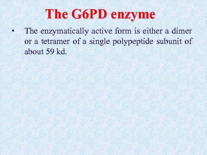 The G 6 PD enzyme • The enzymatically active form is either a dimer