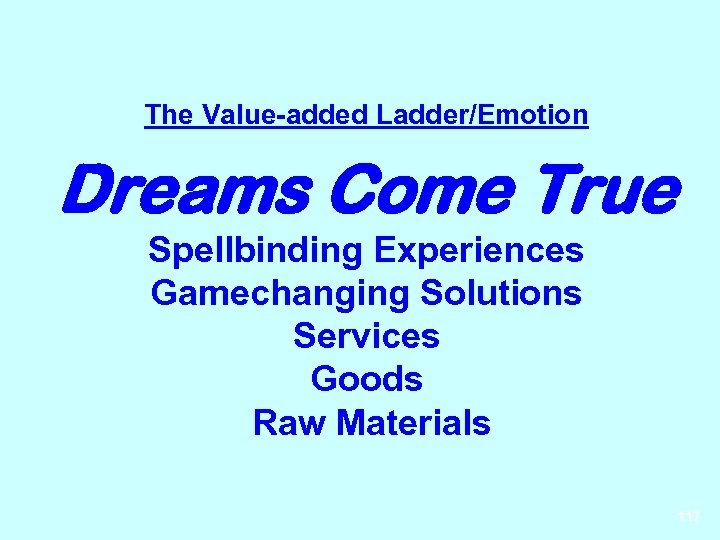 The Value-added Ladder/Emotion Dreams Come True Spellbinding Experiences Gamechanging Solutions Services Goods Raw Materials