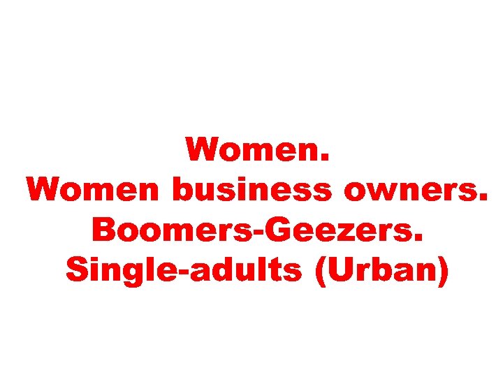 Women business owners. Boomers-Geezers. Single-adults (Urban) 157 