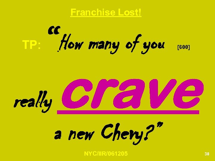 Franchise Lost! TP: “How many of you really [600] crave a new Chevy? ”