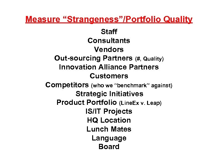 Measure “Strangeness”/Portfolio Quality Staff Consultants Vendors Out-sourcing Partners (#, Quality) Innovation Alliance Partners Customers