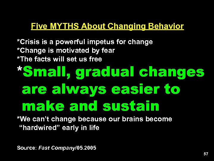 Five MYTHS About Changing Behavior *Crisis is a powerful impetus for change *Change is