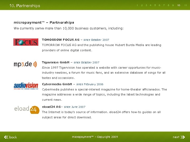 10. Partnerships 1 2 3 4 5 6 7 micropayment™ – Partnerships We currently
