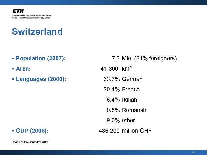 Switzerland § Population (2007): § Area: § Languages (2000): 7. 5 Mio. (21% foreigners)