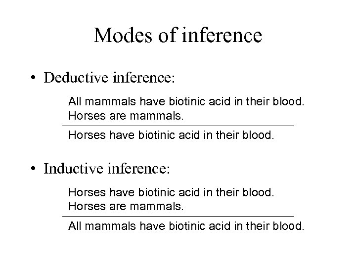 Modes of inference • Deductive inference: All mammals have biotinic acid in their blood.