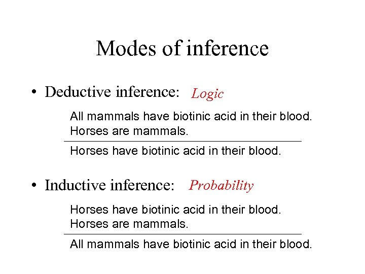 Modes of inference • Deductive inference: Logic All mammals have biotinic acid in their