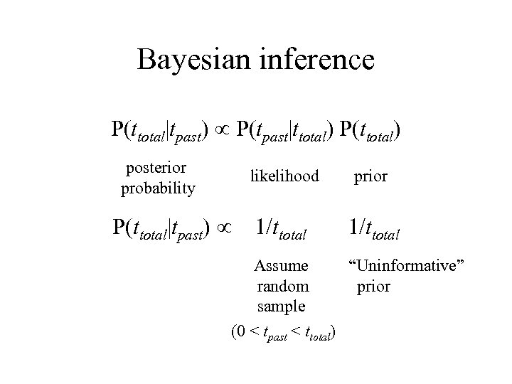 Bayesian inference P(ttotal|tpast) P(tpast|ttotal) P(ttotal) posterior probability likelihood P(ttotal|tpast) prior 1/ttotal Assume “Uninformative” random