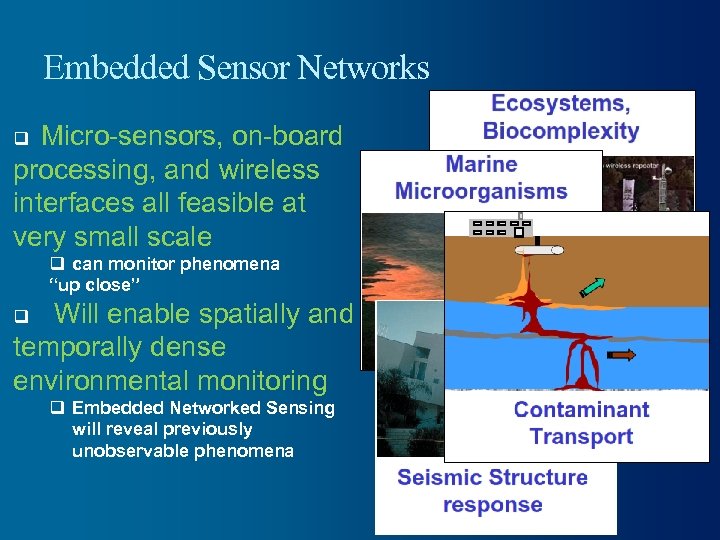 Embedded Sensor Networks Micro-sensors, on-board processing, and wireless interfaces all feasible at very small