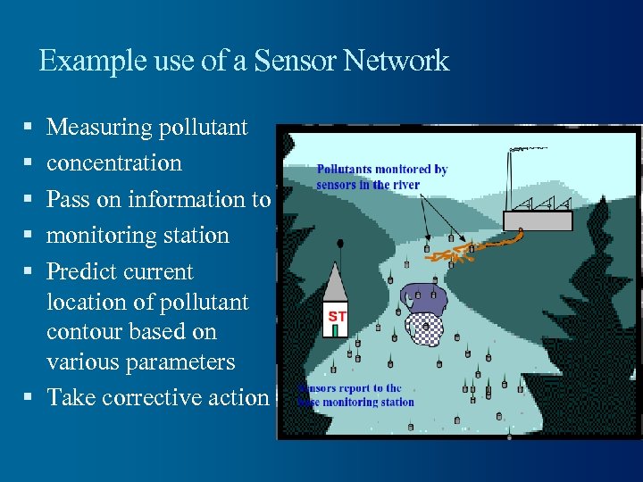 Example use of a Sensor Network Measuring pollutant concentration Pass on information to monitoring