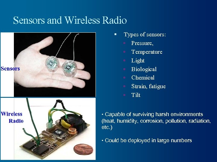 Sensors and Wireless Radio Types of sensors: Pressure, Temperature Light Biological Chemical Strain, fatigue