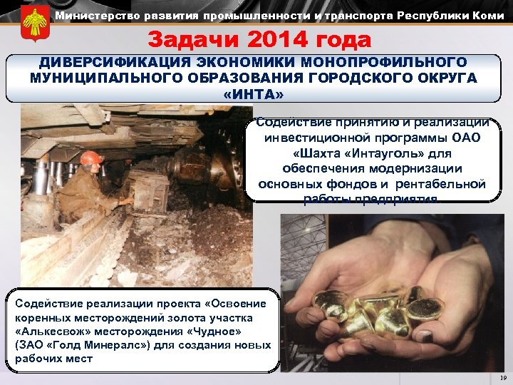 Министерство развития промышленности и транспорта Республики Коми Задачи 2014 года ДИВЕРСИФИКАЦИЯ ЭКОНОМИКИ МОНОПРОФИЛЬНОГО МУНИЦИПАЛЬНОГО