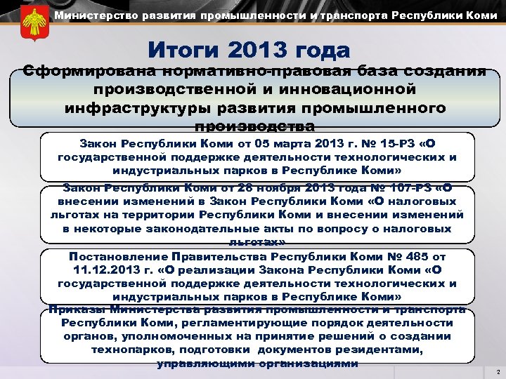 Министерство развития промышленности и транспорта Республики Коми Итоги 2013 года Сформирована нормативно-правовая база создания