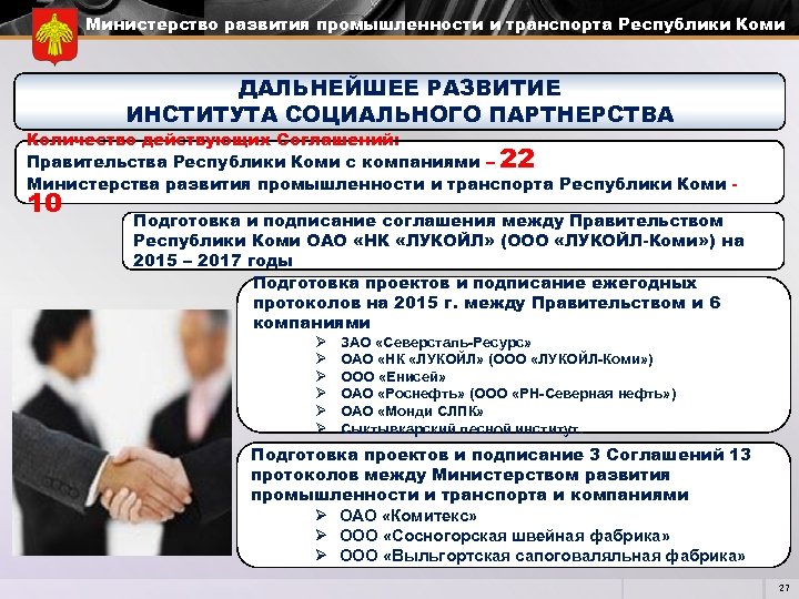 Министерство развития промышленности и транспорта Республики Коми ДАЛЬНЕЙШЕЕ РАЗВИТИЕ ИНСТИТУТА СОЦИАЛЬНОГО ПАРТНЕРСТВА Количество действующих