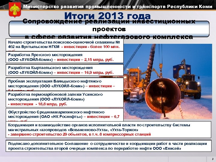 Министерство развития промышленности и транспорта Республики Коми Итоги 2013 года Сопровождение реализации инвестиционных проектов