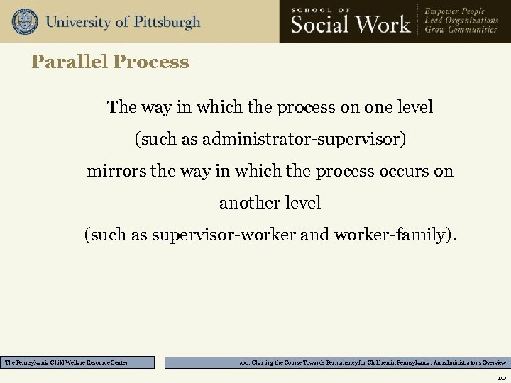 Parallel Process The way in which the process on one level (such as administrator-supervisor)