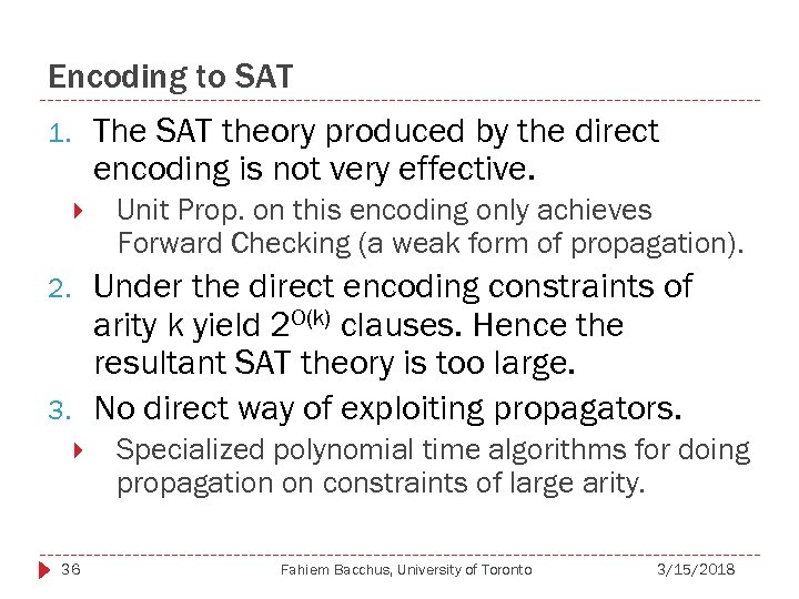 Encoding to SAT The SAT theory produced by the direct encoding is not very