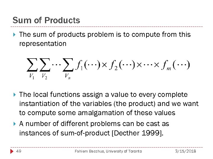 Sum of Products The sum of products problem is to compute from this representation