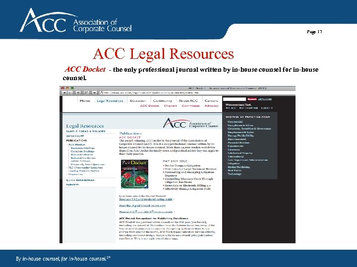 Page 17 ACC Legal Resources ACC Docket - the only professional journal written by