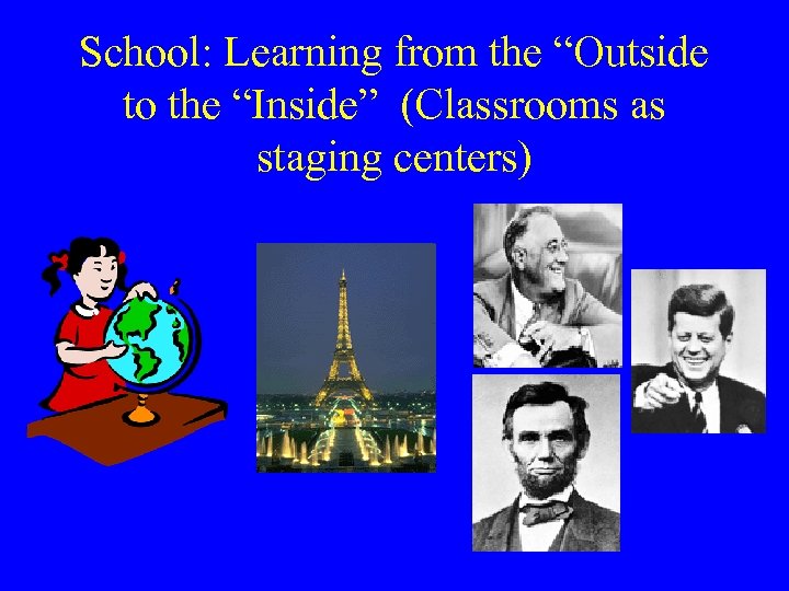 School: Learning from the “Outside to the “Inside” (Classrooms as staging centers) 