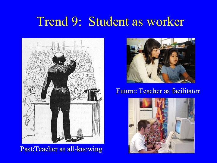 Trend 9: Student as worker Future: Teacher as facilitator Past: Teacher as all-knowing 