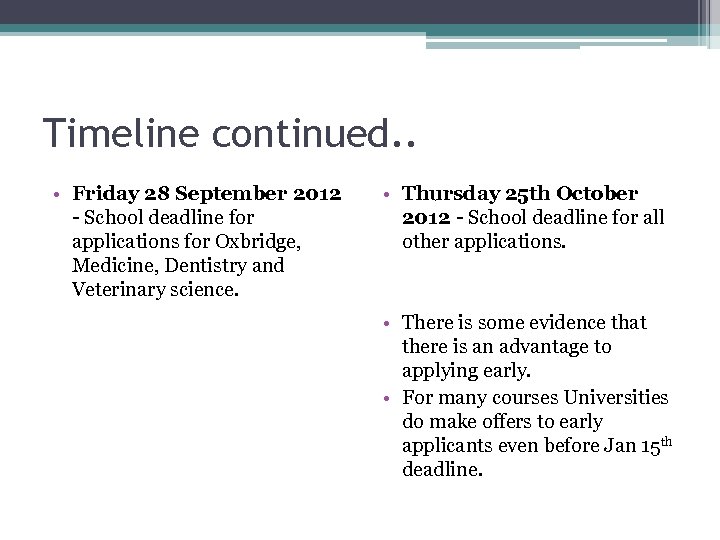 Timeline continued. . • Friday 28 September 2012 - School deadline for applications for