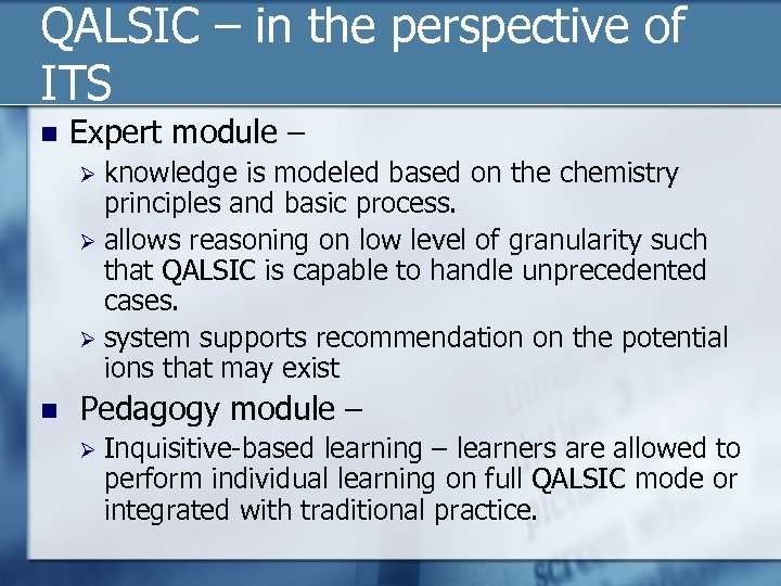 QALSIC – in the perspective of ITS n Expert module – knowledge is modeled