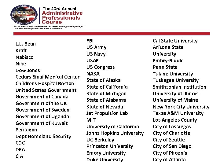 The 42 nd Annual The 43 rd Annual L. L. Bean Kraft Nabisco Nike