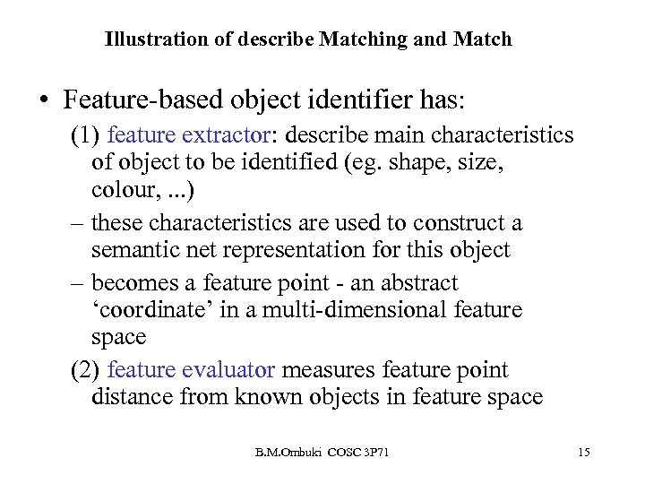 Illustration of describe Matching and Match • Feature-based object identifier has: (1) feature extractor: