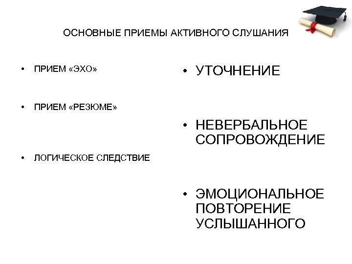 ОСНОВНЫЕ ПРИЕМЫ АКТИВНОГО СЛУШАНИЯ • ПРИЕМ «ЭХО» • • УТОЧНЕНИЕ ПРИЕМ «РЕЗЮМЕ» • НЕВЕРБАЛЬНОЕ